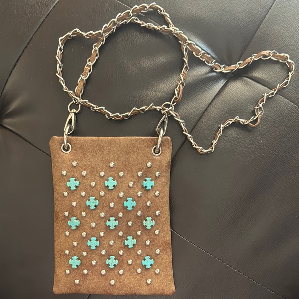 Brown and Blue Crossbody Bag with Geometric Embellishments